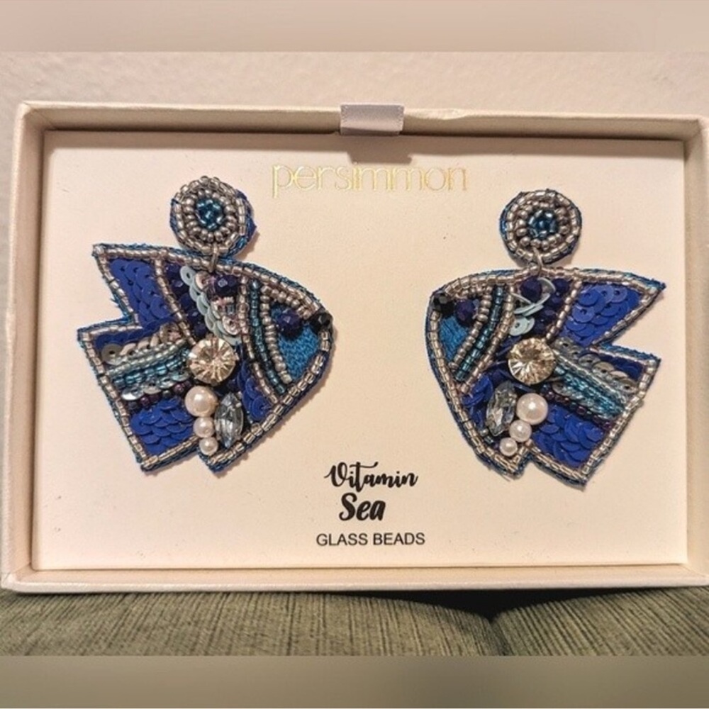Persimmon Beaded Blue Fish Earrings NWT